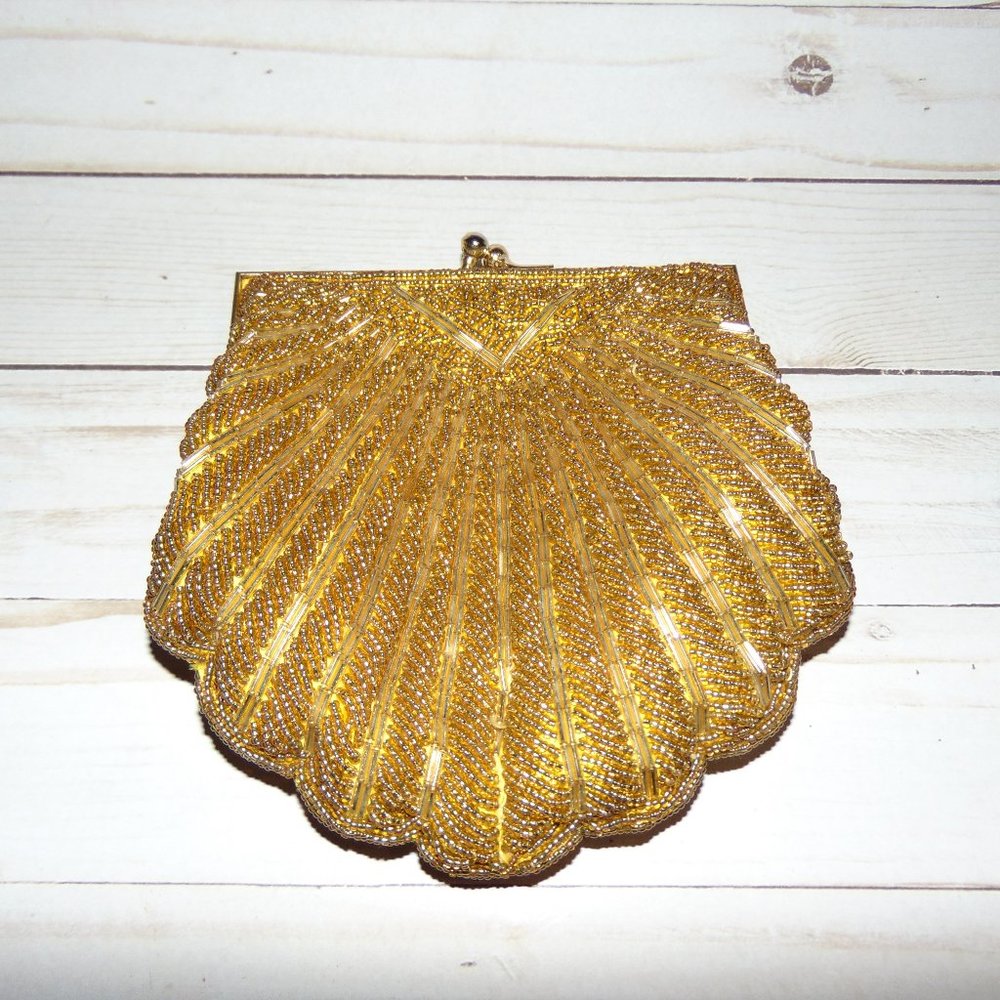 Vintage Beaded Clutch Gold Shell Shape Hand Made in Hong Kong